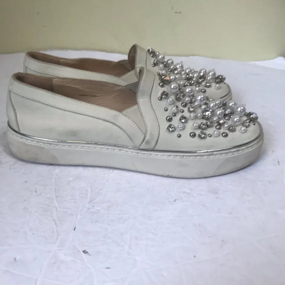 Stuart Weitzman Pearl Embellished Leather SlipOn Platform Sneakers Shoe Slides 7 - Picture 2 of 16